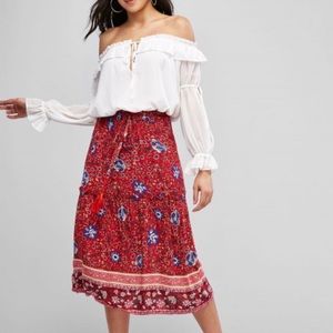 ZAFUL Tie Waist Floral Tassels Midi Skirt